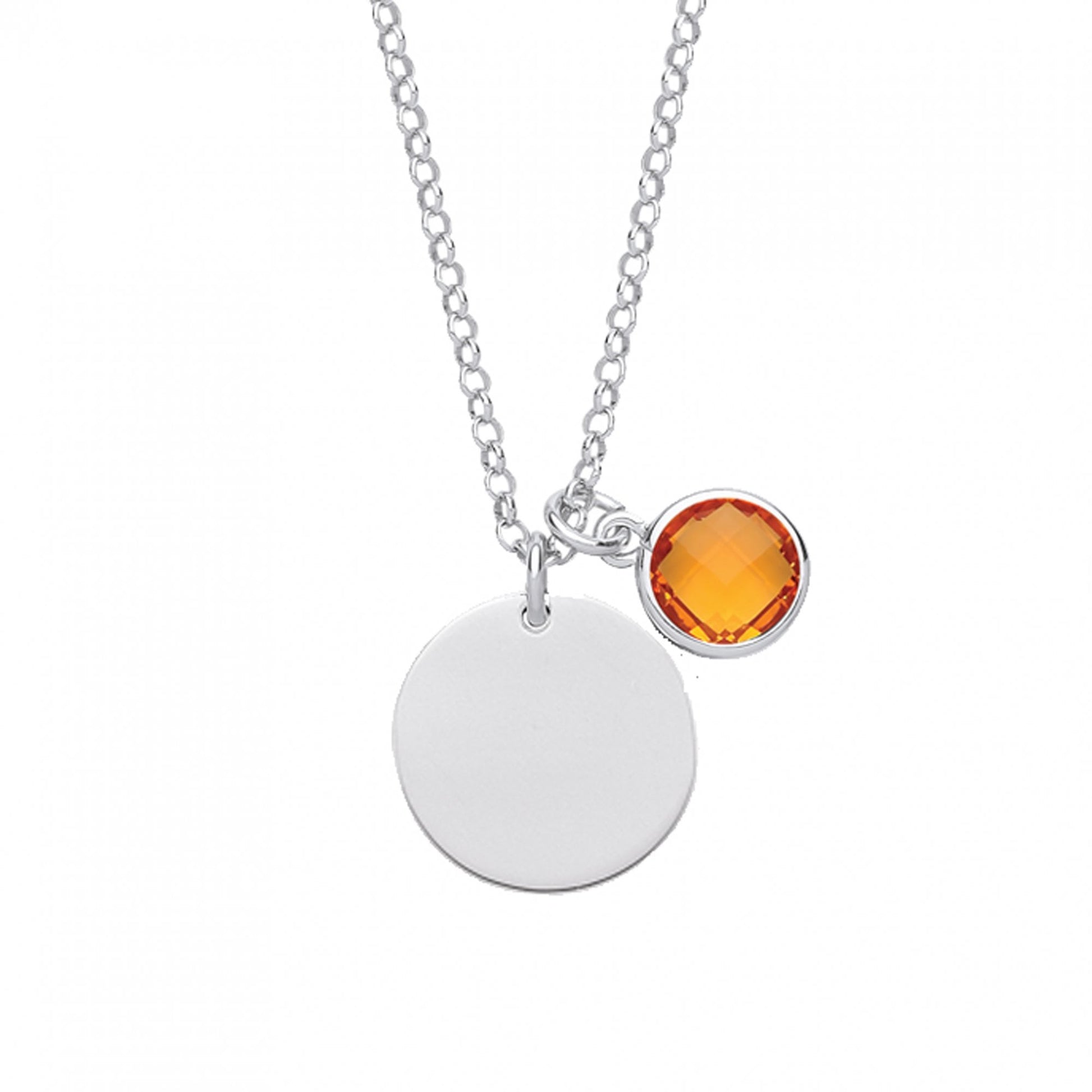 925 Sterling Silver November Topaz Citrine Birthstone Disc Necklace