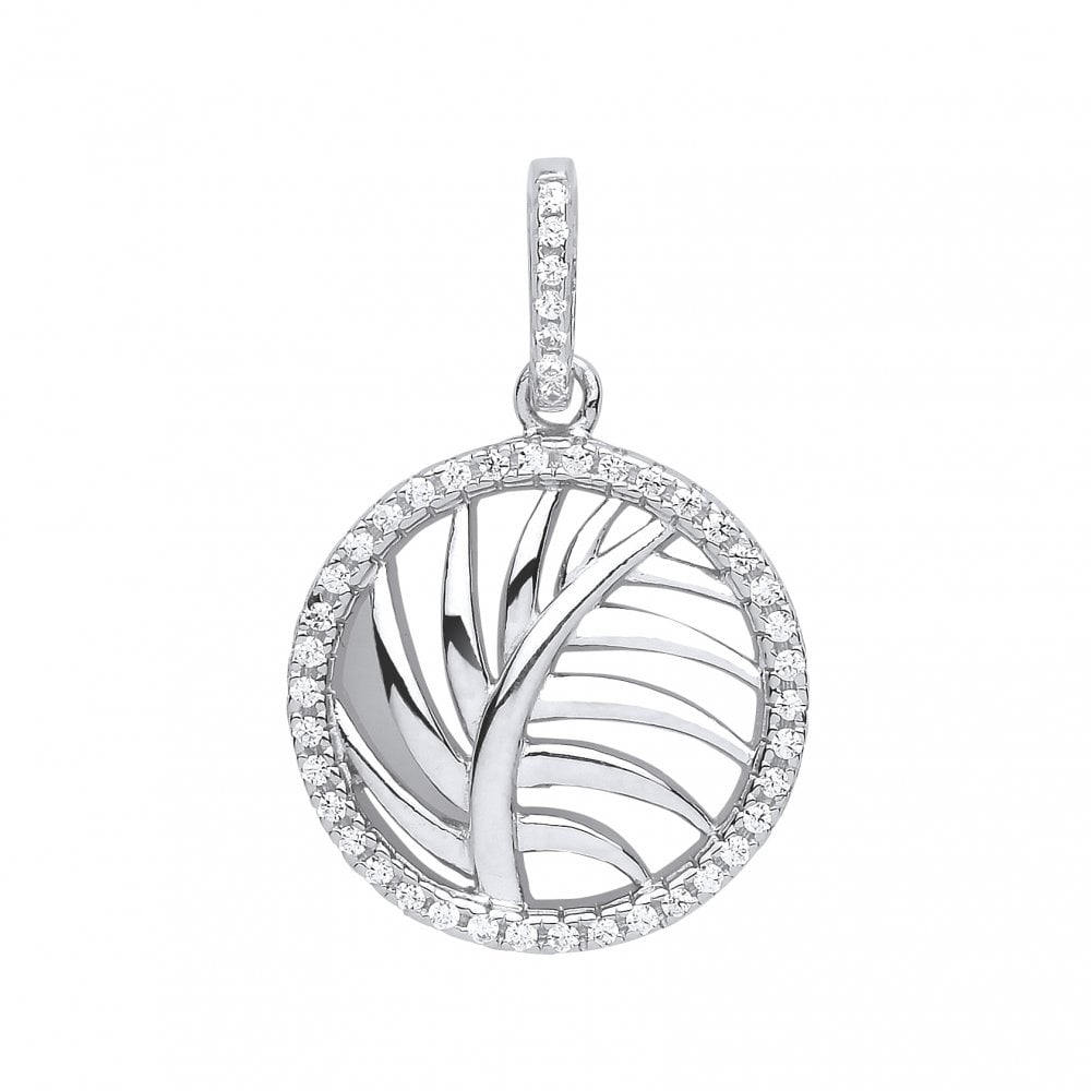 Silver CZ Circle Leaf Pendant