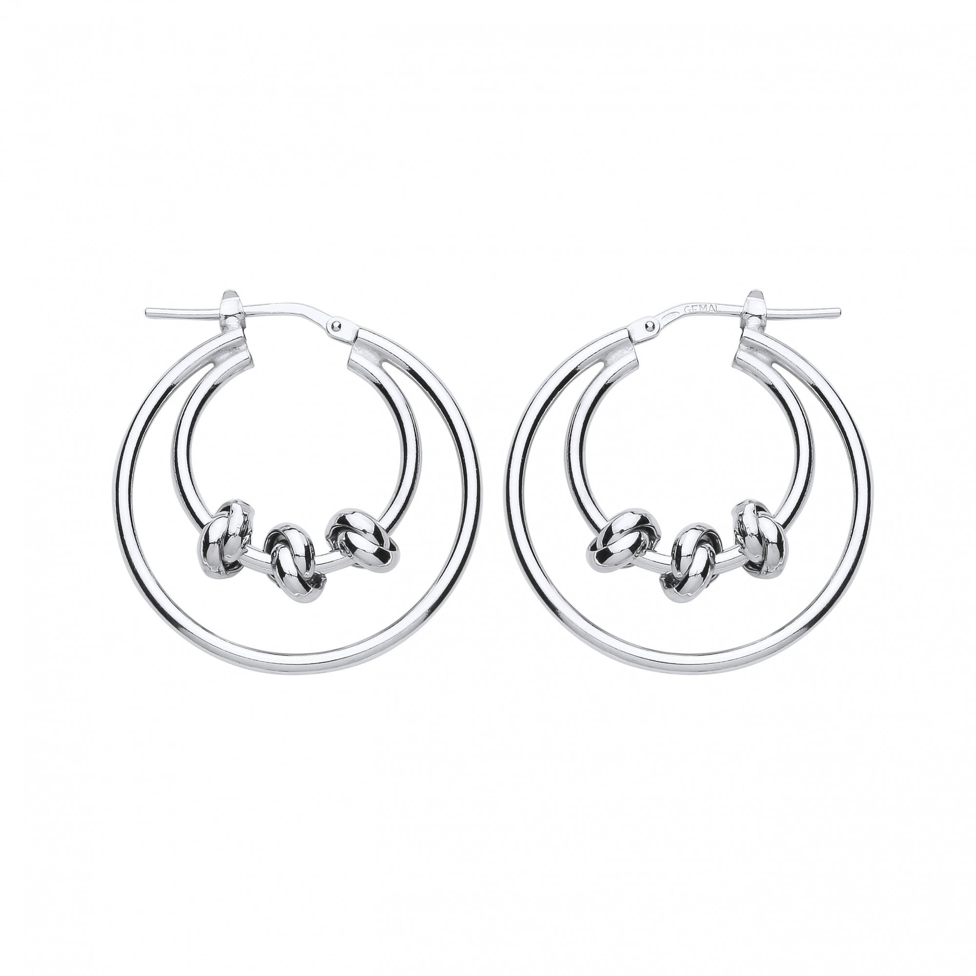 Silver Double Hoop Earrings With Trio Circle Link Feature