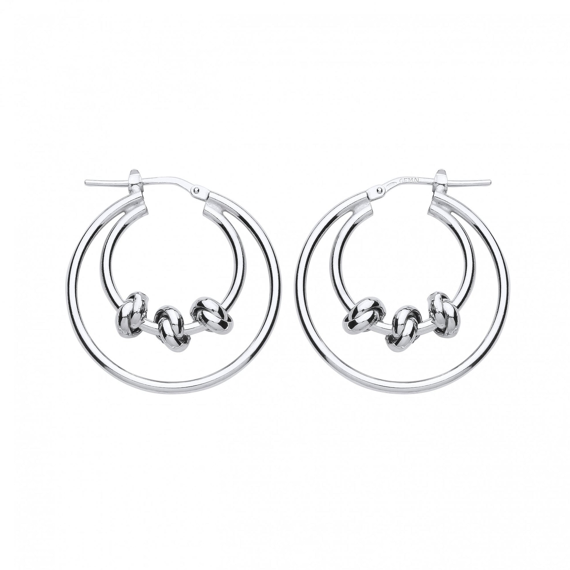 Silver Double Hoop Earrings With Trio Circle Link Feature