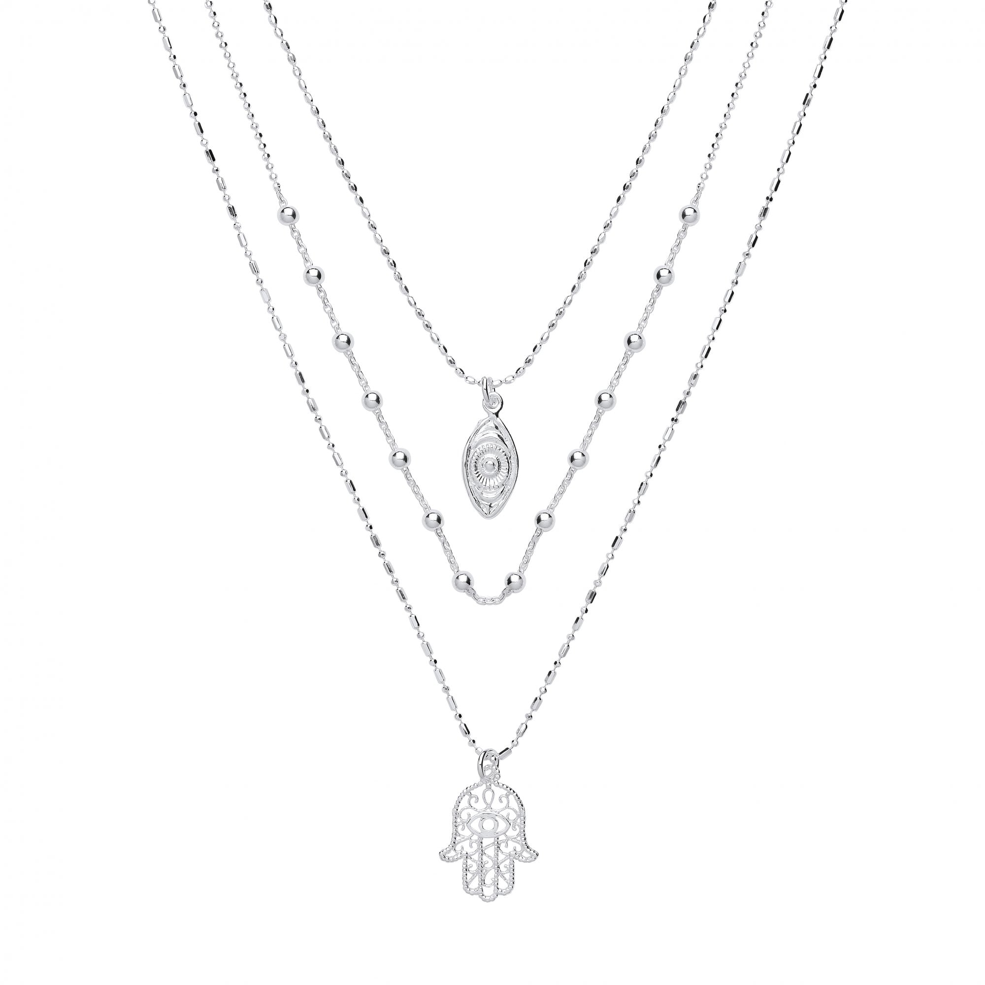 925 Sterling Silver Triple Bead Chain With Evil Eye & Hamsa Pendants