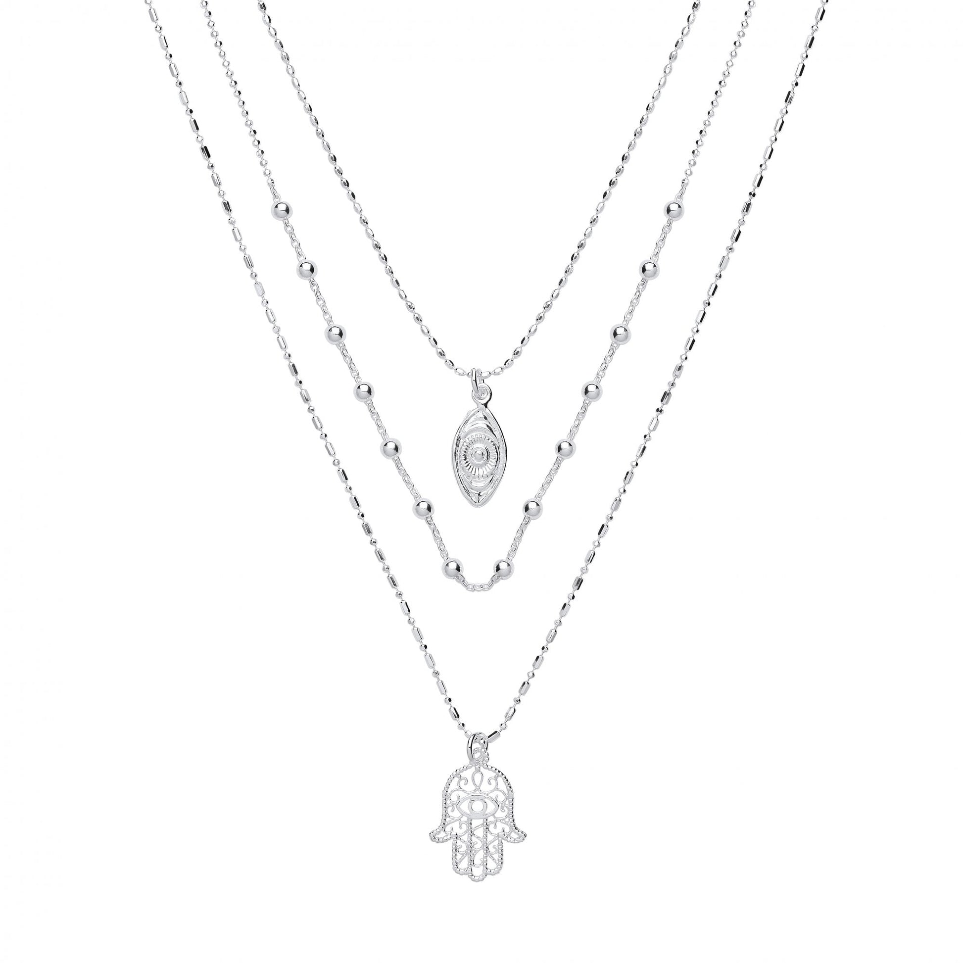 925 Sterling Silver Triple Bead Chain With Evil Eye & Hamsa Pendants