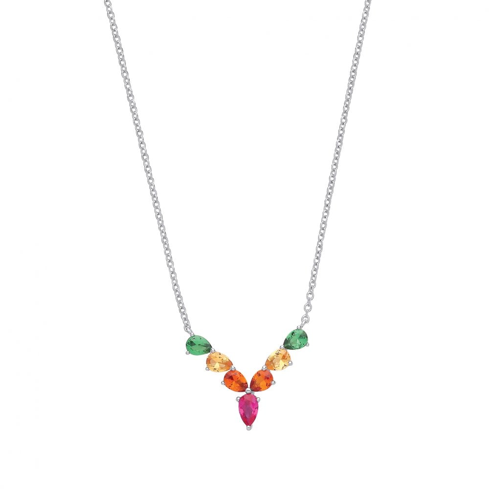 Silver Multicolour Gemstone Wishbone Pendant Necklace