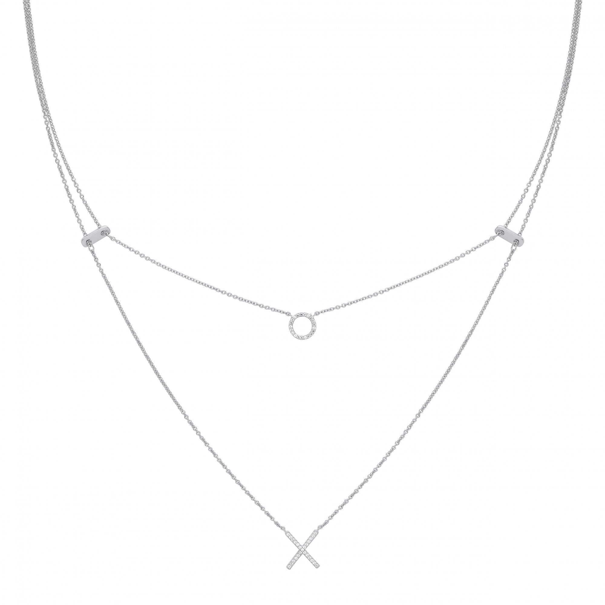 Silver Double Necklace With Circle & Cross Pendants