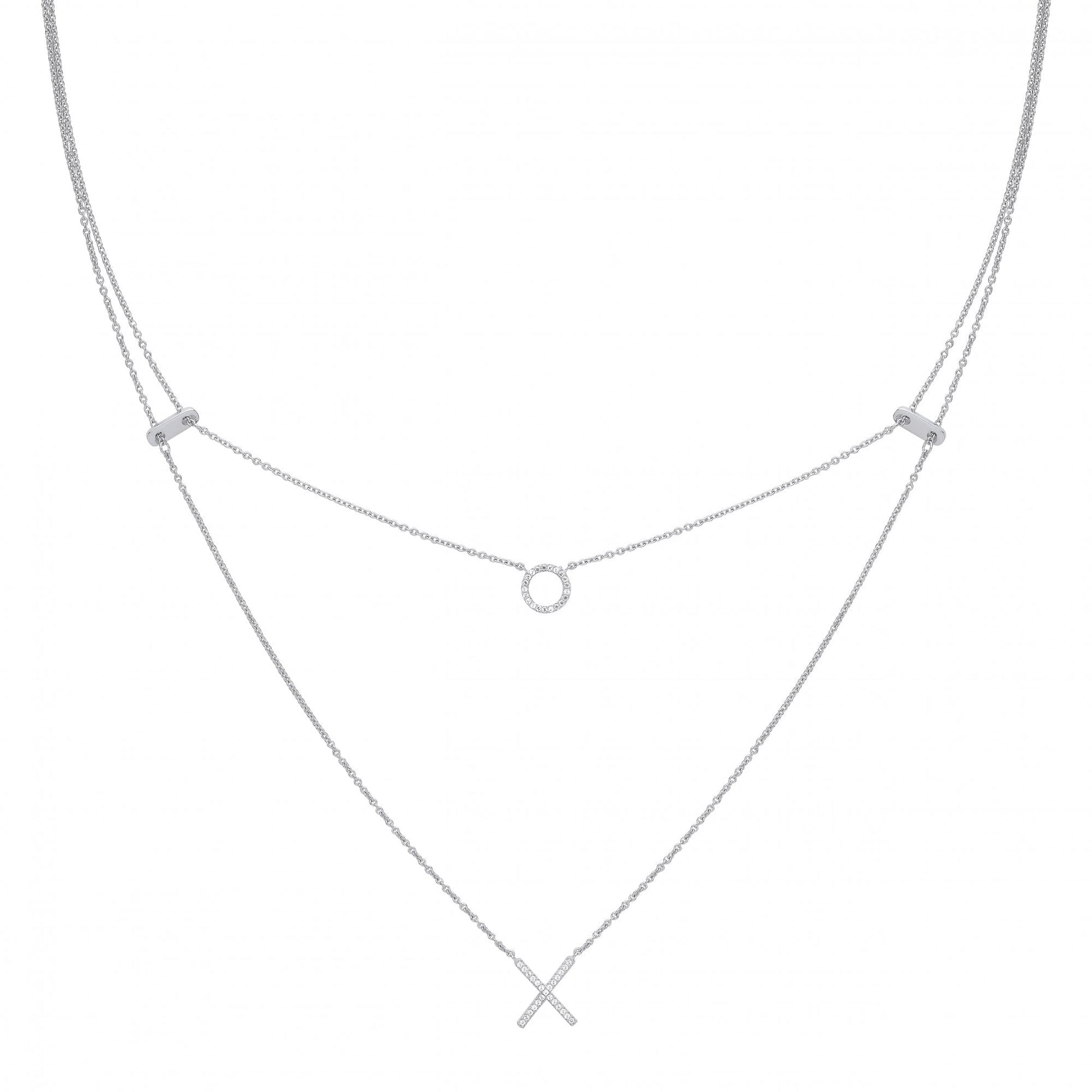 Silver Double Necklace With Circle & Cross Pendants