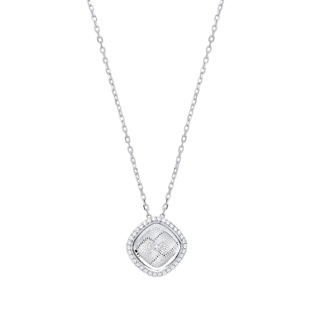 Silver CZ Diamond Cut Illusion Cushion Cut Pendant Necklace