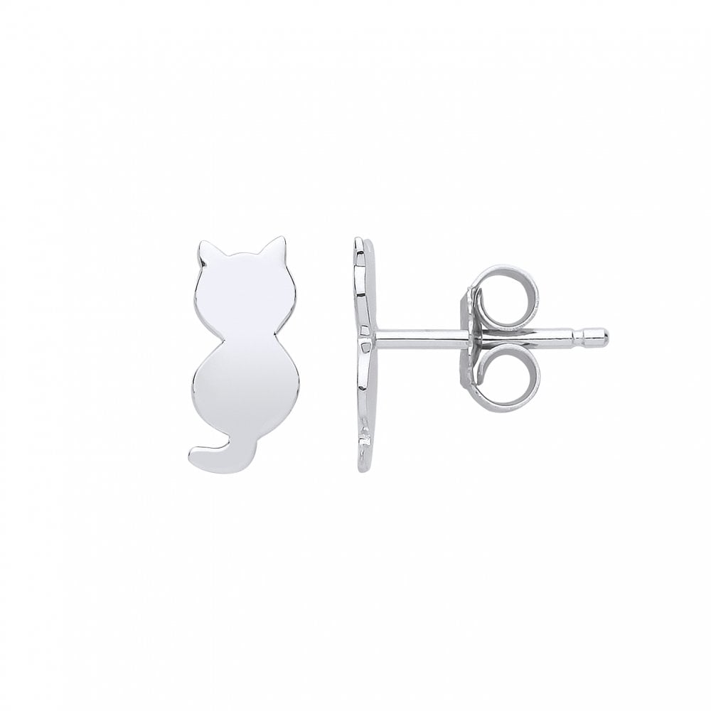 Silver Polished Cat Stud Earrings