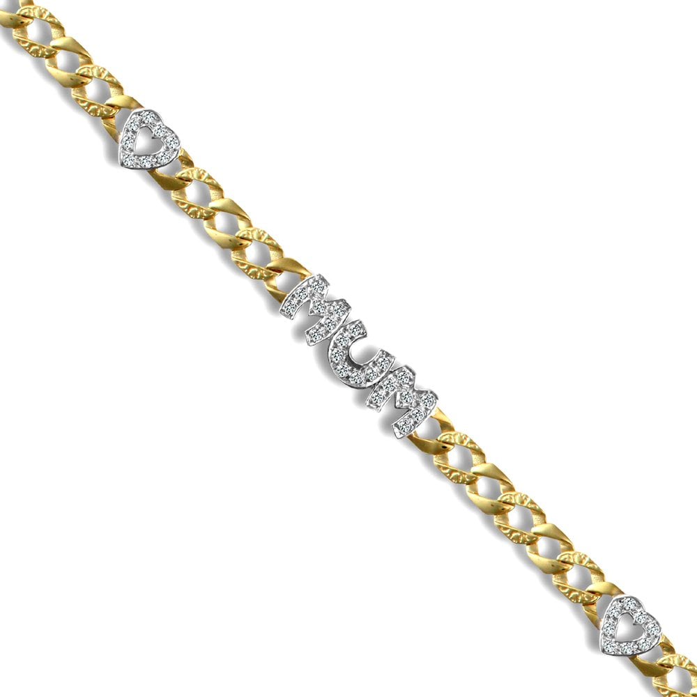 Ladies Solid 9ct Yellow and White gold White Round Brilliant Cubic Zirconia MUM Venezia Love Heart Curb 6mm Gauge Bracelet
