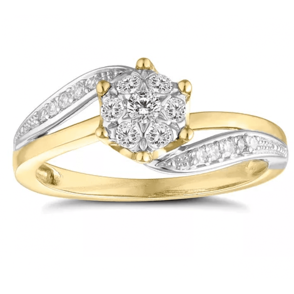 9ct yellow and white gold cluster  twist ring with diamond set shoulders