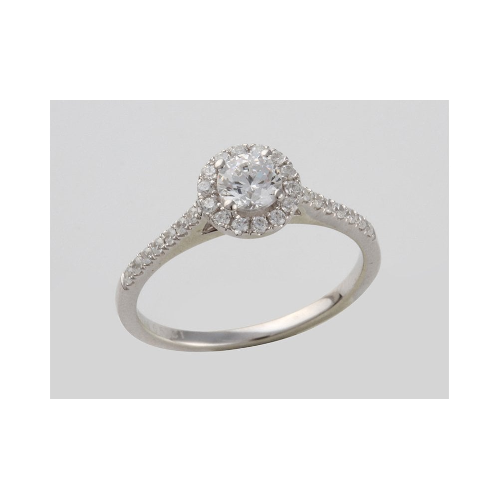 9ct White gold halo design ring with diamond set shoulders Total weight  0.50ct