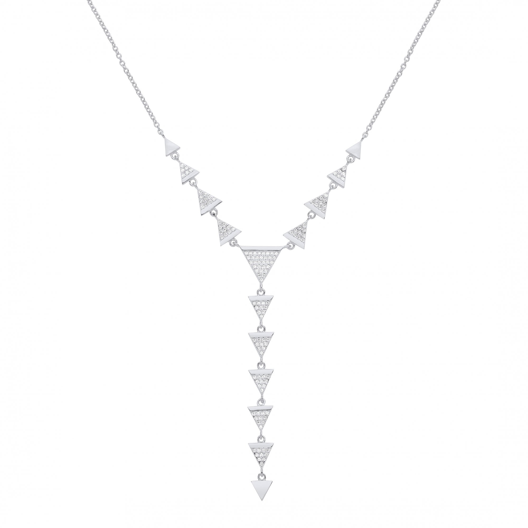 Silver CZ Multiple Triangles Fancy Drop Necklace