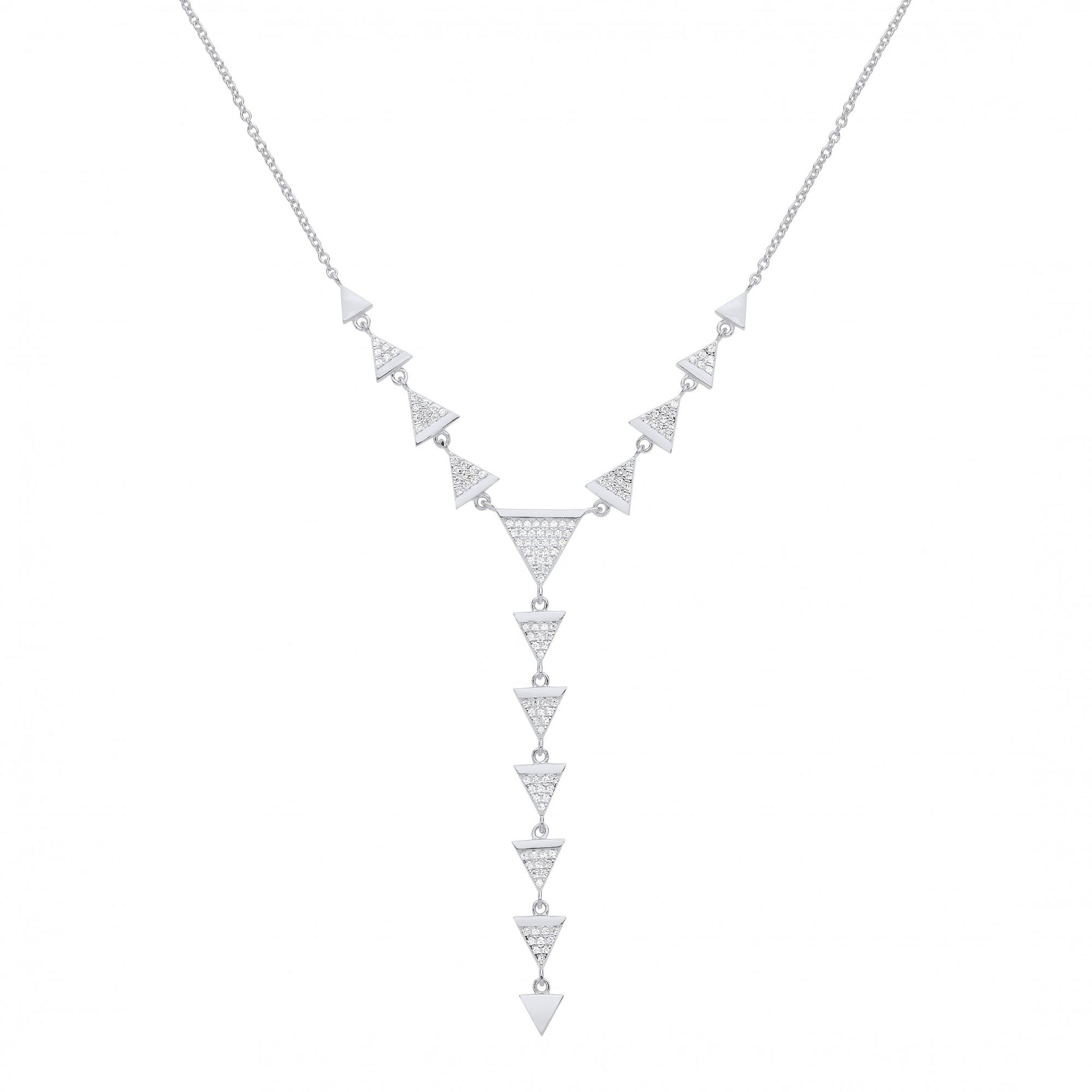 Silver CZ Multiple Triangles Fancy Drop Necklace