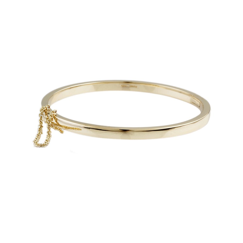9ct Yellow Gold Hinged Solid Bangle With Safety Chain