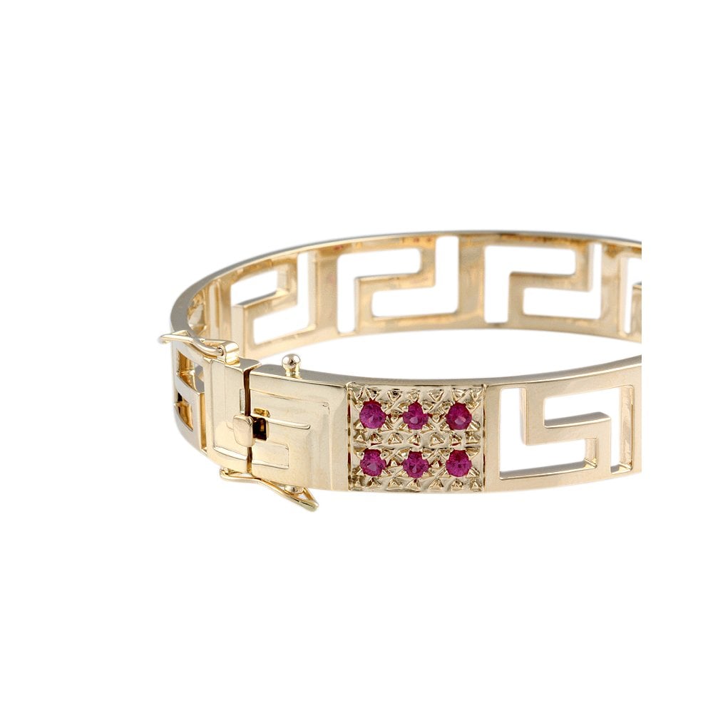 9ct Yellow Gold Hinged Greek Key Design Ruby Bangle 1.20ct