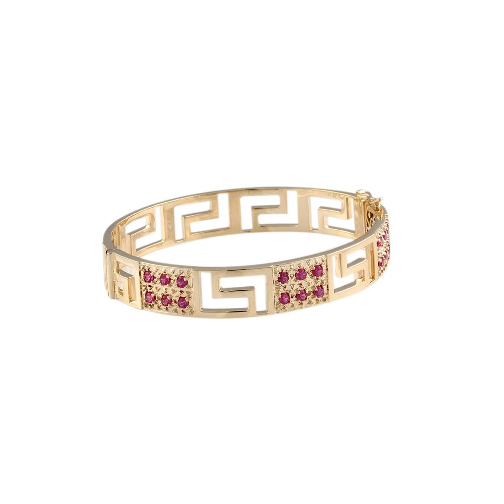9ct Yellow Gold Hinged Greek Key Design Ruby Bangle 1.20ct