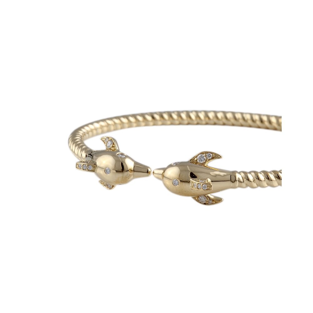9ct Yellow Gold Diamond Set Dolphin Torque Bangle 0.25ct