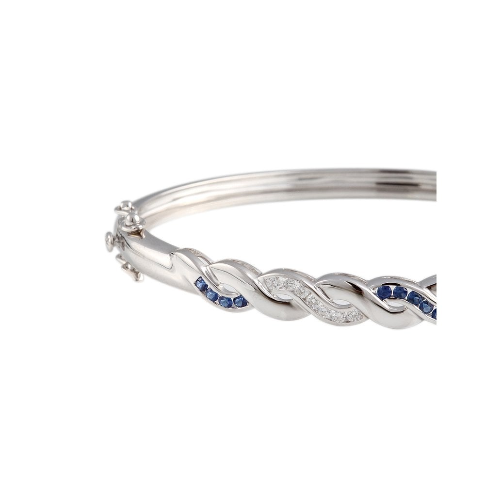 9ct White Gold Hinged Sapphire 0.40ct And Diamond 0.28ct Wave Bangle