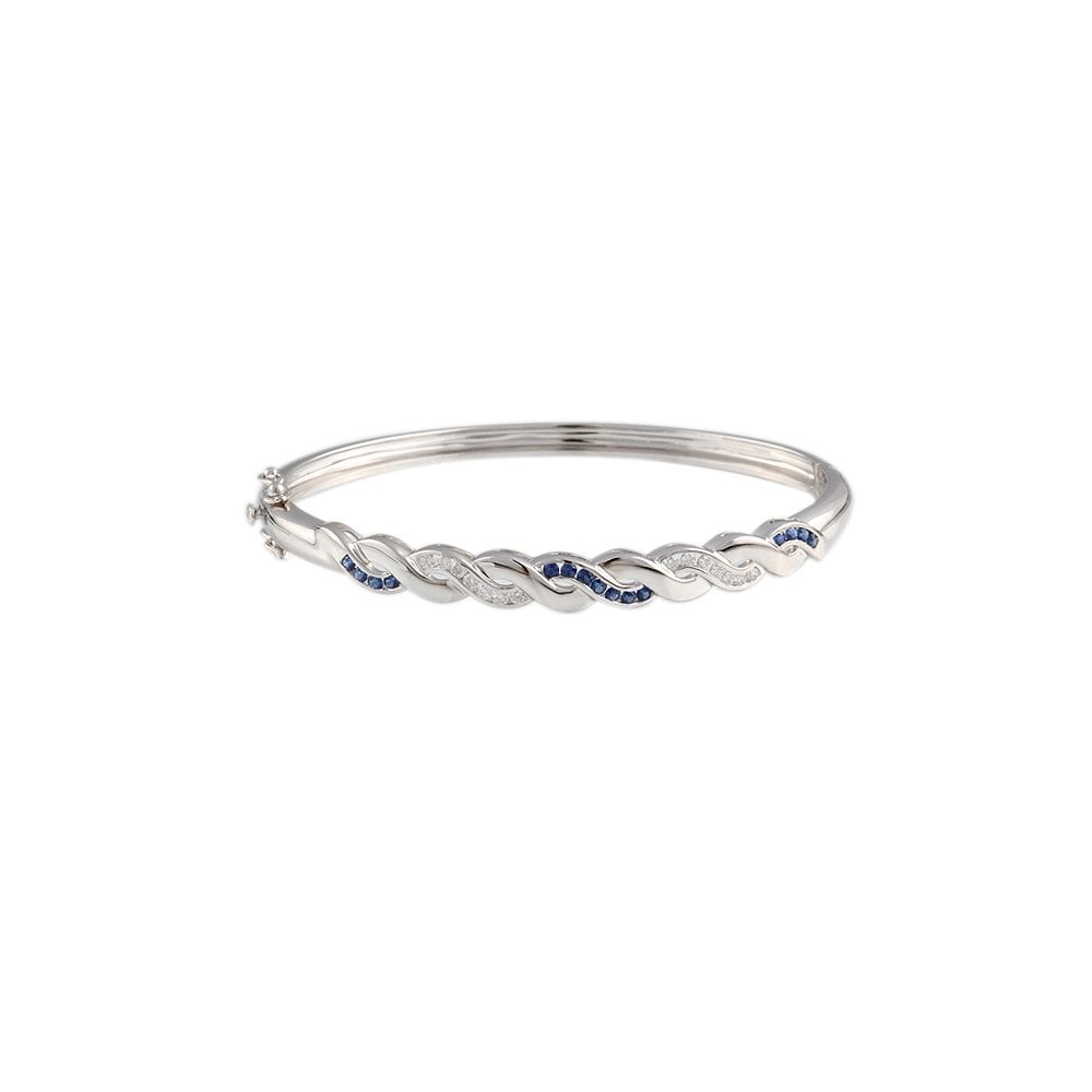 9ct White Gold Hinged Sapphire 0.40ct And Diamond 0.28ct Wave Bangle