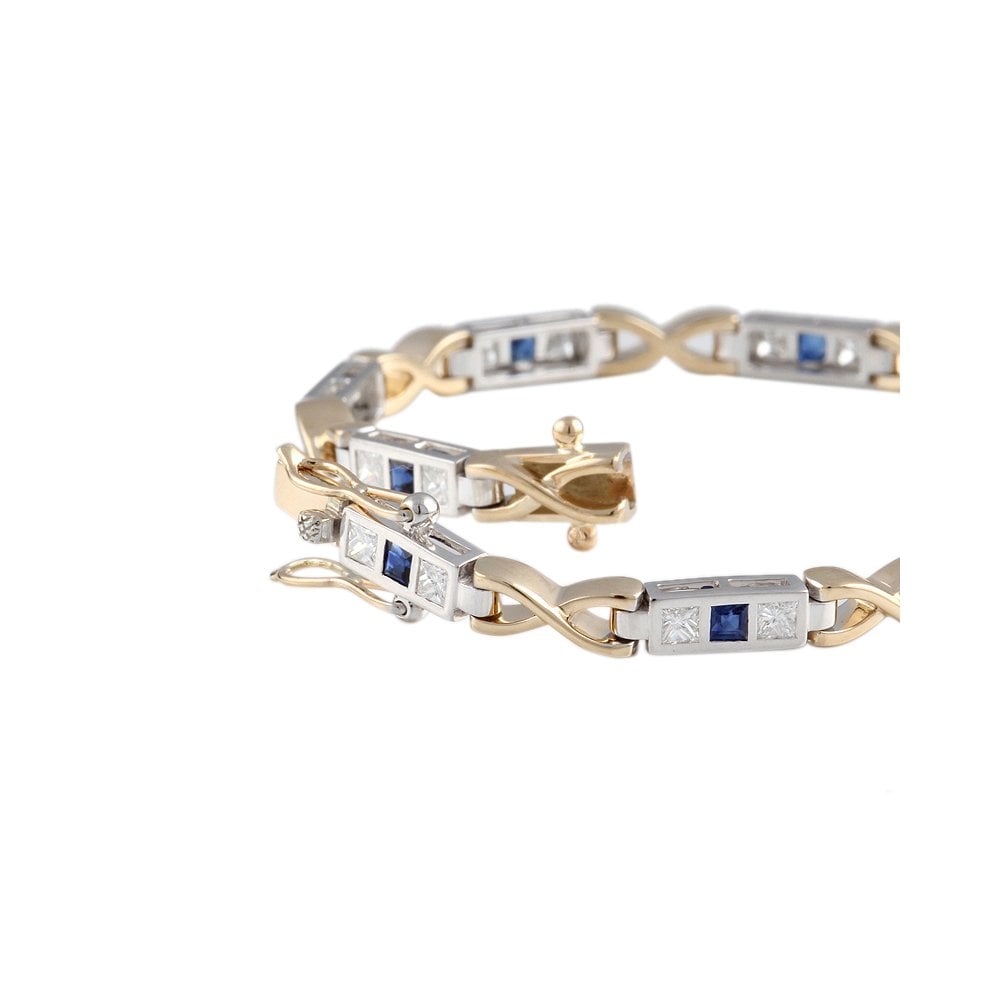 9ct Yellow And White Gold Sapphire 0.80ct And Diamond 1.28ct Gold Bar And Kiss Link Bracelet