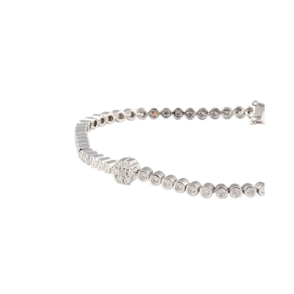 9ct White Gold Diamond Tennis Bracelet With Central Flower Cluster 1.35ct