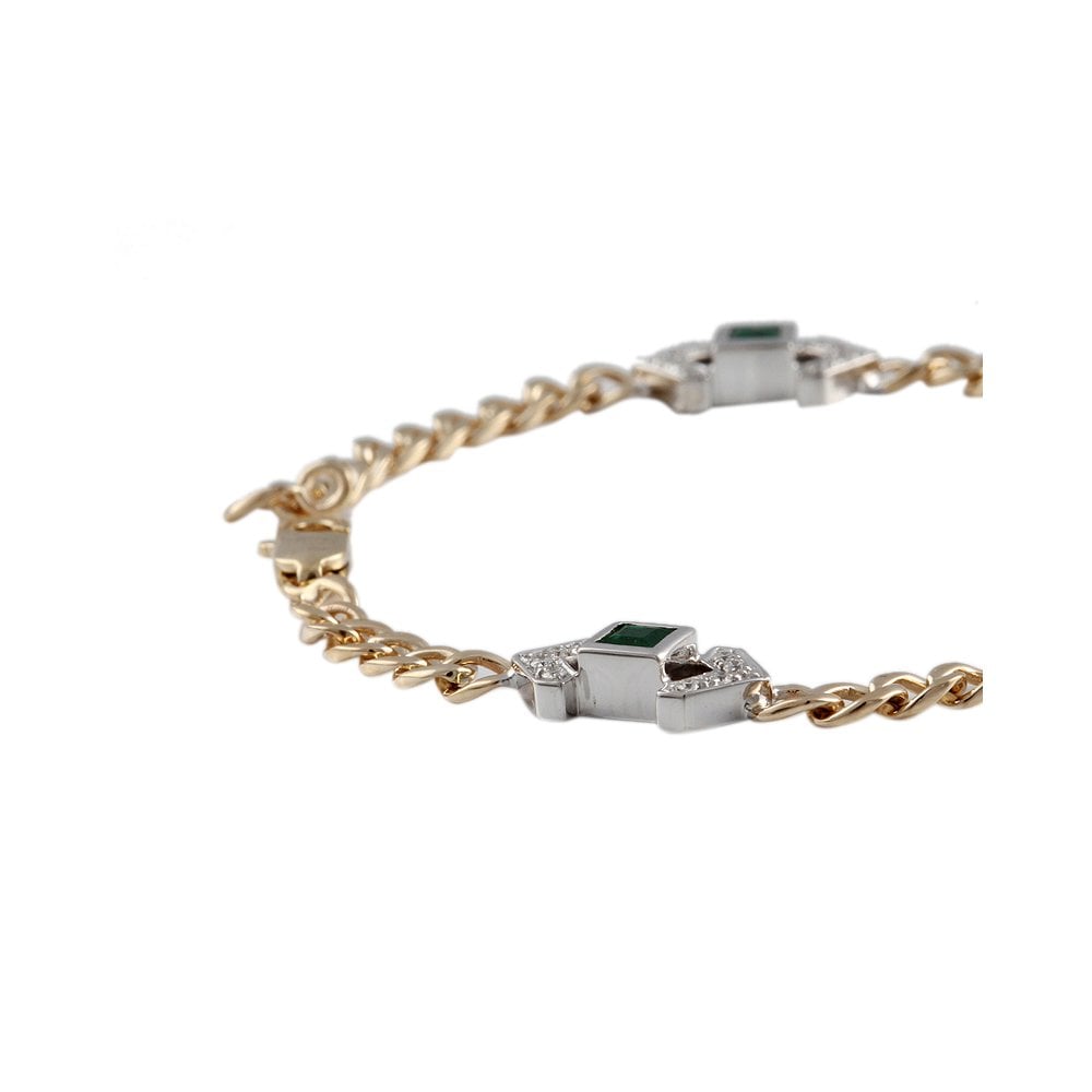 9ct Yellow And White Gold Emerald 0.74ct And Diamond 0.26ct Chain Link Bracelet