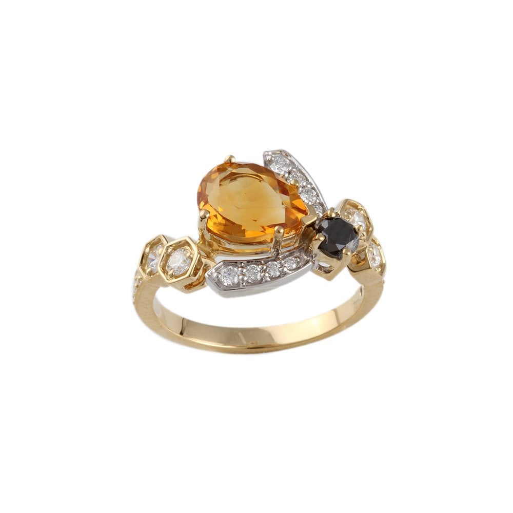 Yellow and White Gold 0.58ct Round Brilliant Cut Diamonds and 1.66ct Pear Shape Citrine Bee Ring