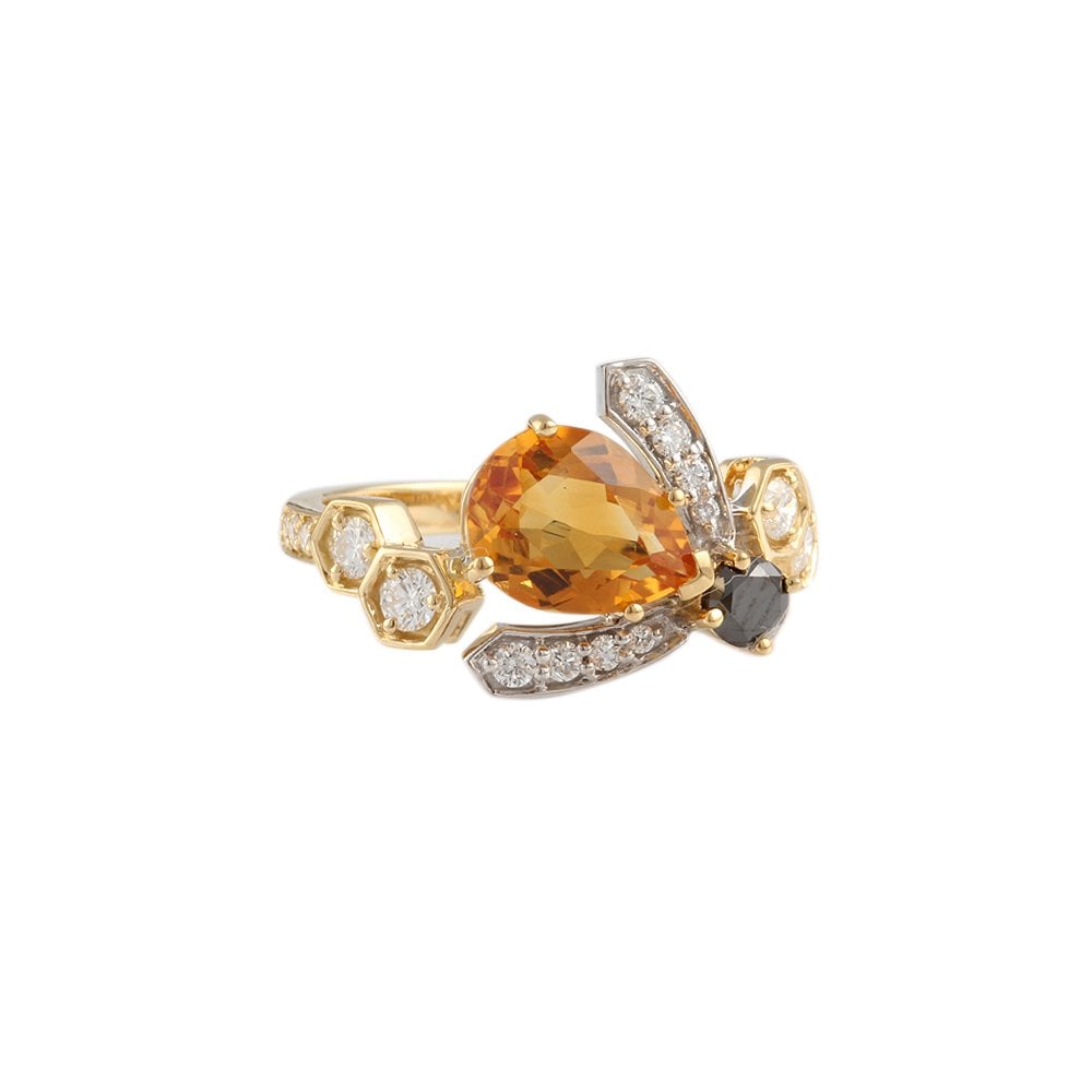 Yellow and White Gold 0.58ct Round Brilliant Cut Diamonds and 1.66ct Pear Shape Citrine Bee Ring