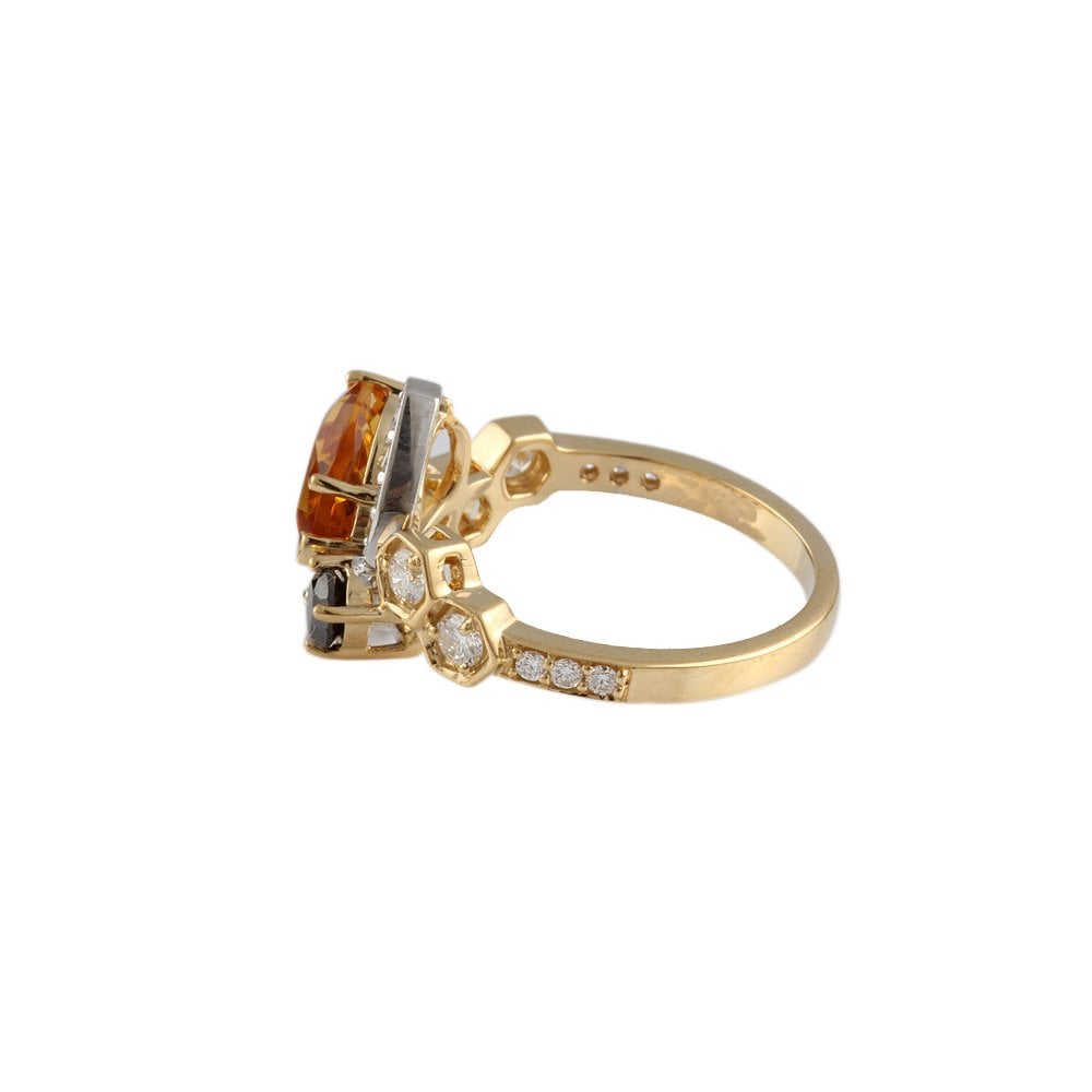 Yellow and White Gold 0.58ct Round Brilliant Cut Diamonds and 1.66ct Pear Shape Citrine Bee Ring