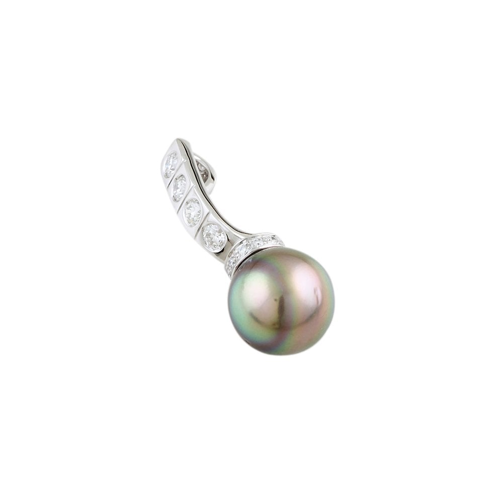 9ct White Gold 0.54ct Round Brilliant Cut Diamonds and 11.35ct Round Pearl Pendant