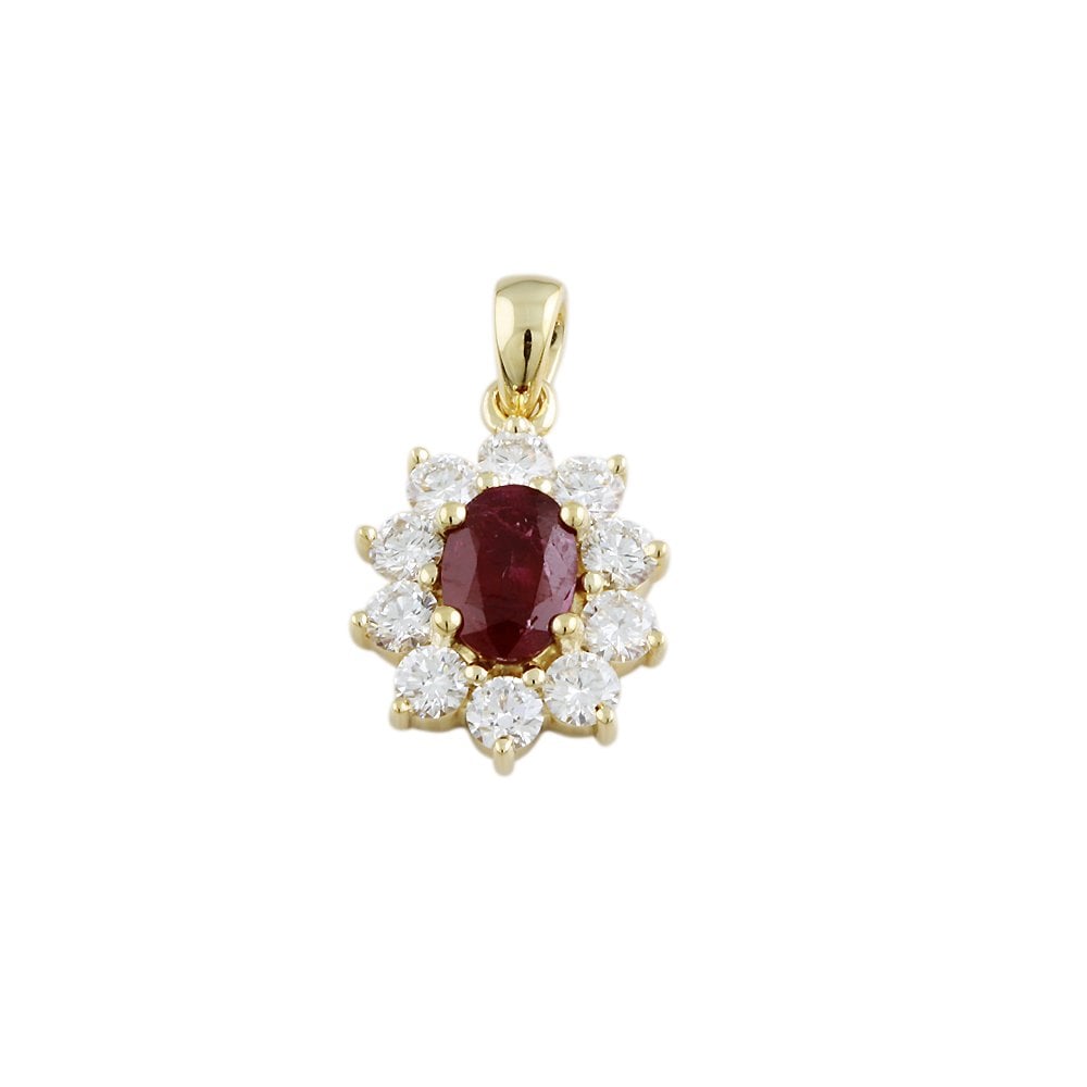 9ct Yellow Gold 0.85ct Round Brilliant Cut Diamonds and 0.95ct Oval Ruby Cluster Pendant