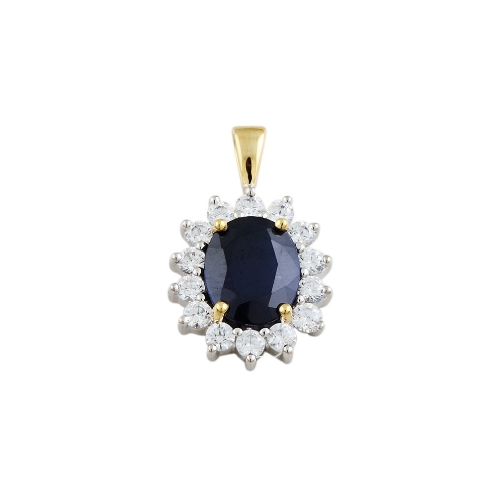 9ct Yellow and White Gold 2.20ct Round Brilliant Cut Diamonds and 4.90ct Oval Blue Sapphire Cluster Pendant