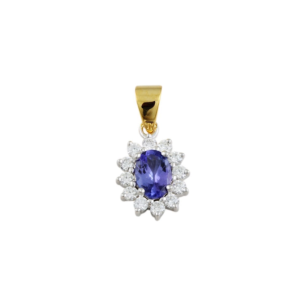 9ct Yellow and White Gold 0.35ct Round Brilliant Cut Diamonds and 0.65ct Oval Tanzanite Cluster Pendant