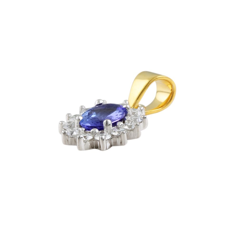 9ct Yellow and White Gold 0.35ct Round Brilliant Cut Diamonds and 0.65ct Oval Tanzanite Cluster Pendant