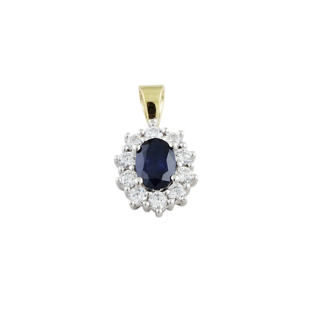 9ct Yellow and White Gold 0.50ct Round Brilliant Cut Diamonds and 0.80ct Oval Blue Sapphire Cluster Pendant