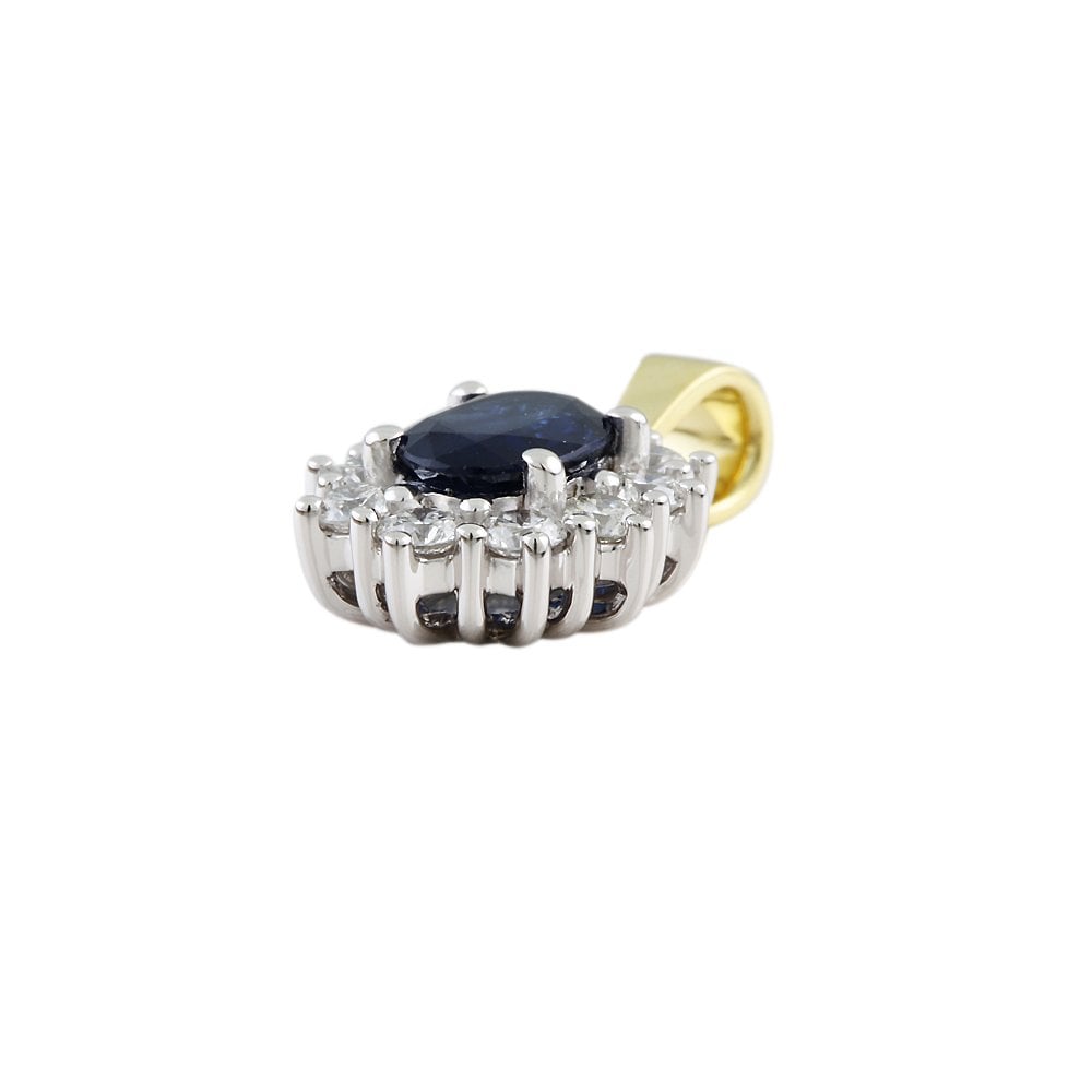9ct Yellow and White Gold 0.50ct Round Brilliant Cut Diamonds and 0.80ct Oval Blue Sapphire Cluster Pendant