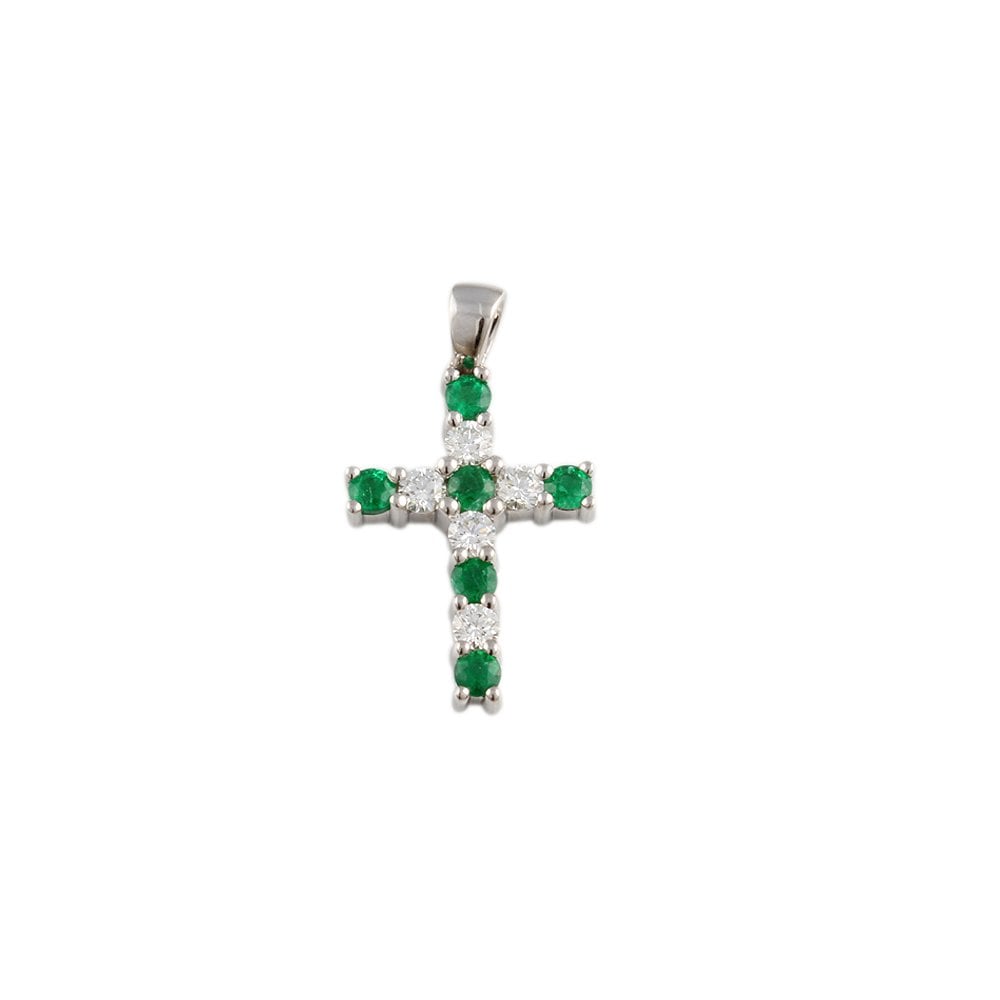 9ct White Gold 0.45ct Round Brilliant Cut Diamonds and 0.60ct Round Emerald Cross Pendant