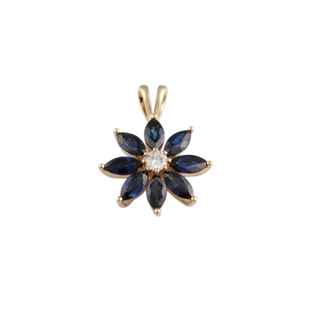 9ct Yellow Gold 0.10ct Round Brilliant Cut Diamond and 2.35ct Marquise Shape Blue Sapphires Flower Cluster Pendant