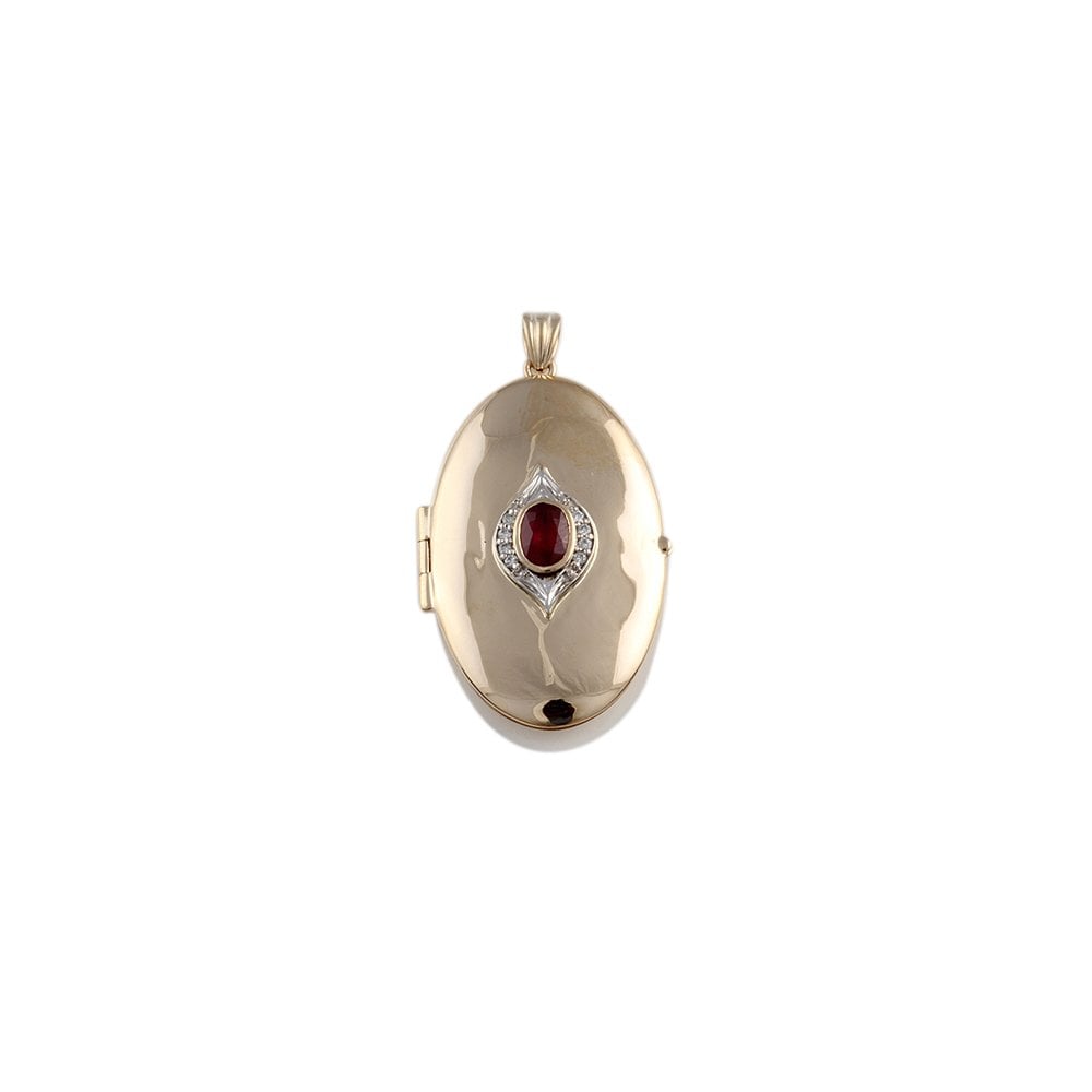 9ct Yellow and White Gold 0.08ct Round Brilliant Cut Diamonds and 0.85ct Oval Ruby Photo Pendant