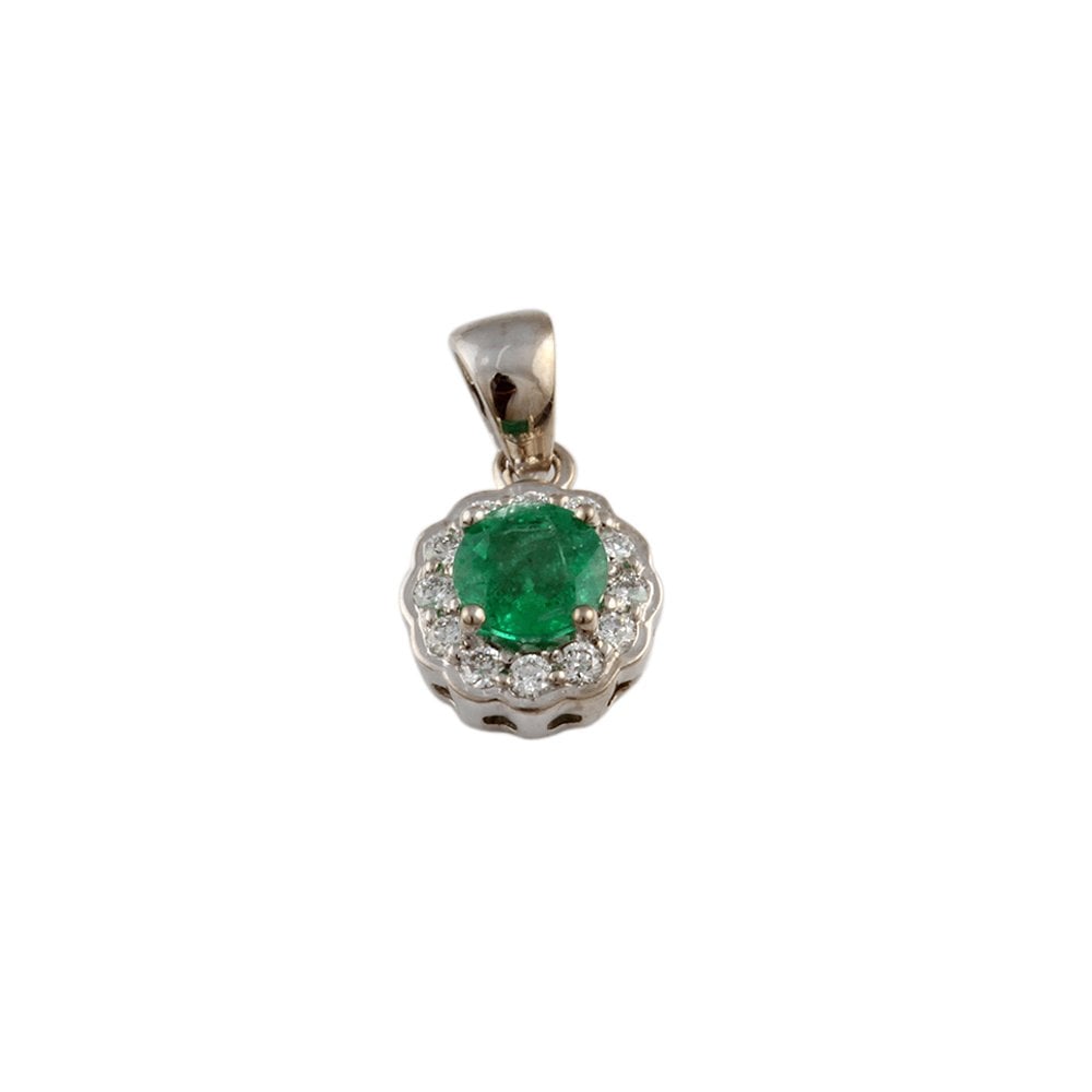 9ct White Gold 0.15ct Round Brilliant Cut Diamonds and 0.55ct Round Emerald Flower Cluster Pendant