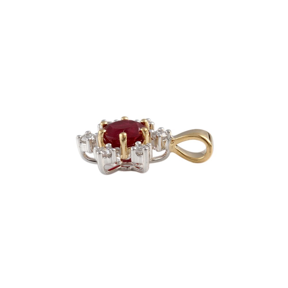 9ct Yellow and White Gold 0.20ct Round Brilliant Cut Diamond and 1.00t Round Ruby Flower Cluster Pendant