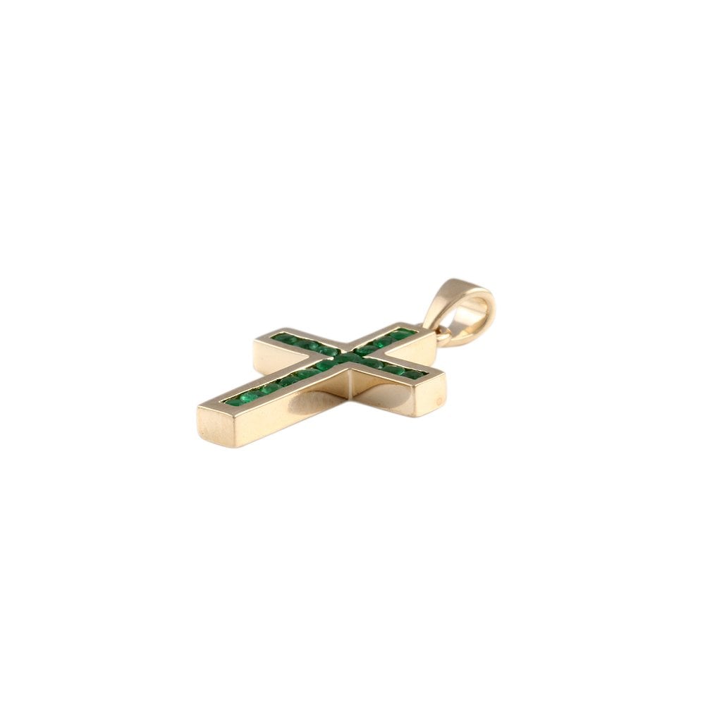 9ct Yellow Gold 0.35ct Round Emerald Cross Pendant