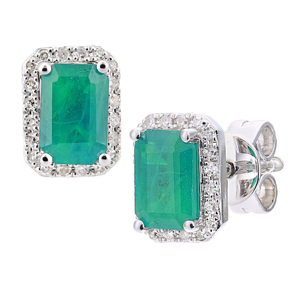 SPARKLD 18ct White Gold Octagon Emerald Cluster 0.10ct Diamond Stud Earrings