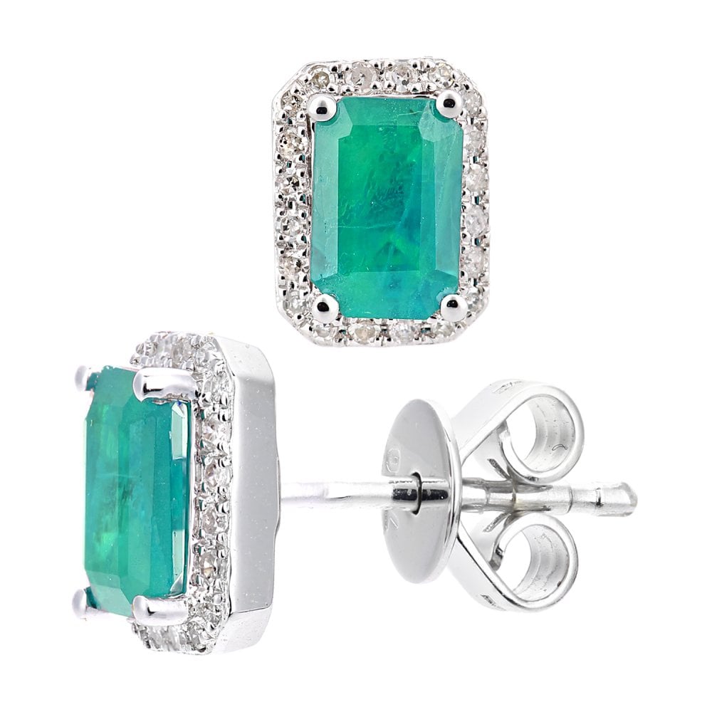 SPARKLD 18ct White Gold Octagon Emerald Cluster 0.10ct Diamond Stud Earrings