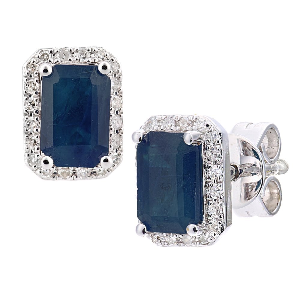 SPARKLD 18ct White Gold Octagon Sapphire Cluster 0.10ct Diamond Stud Earrings