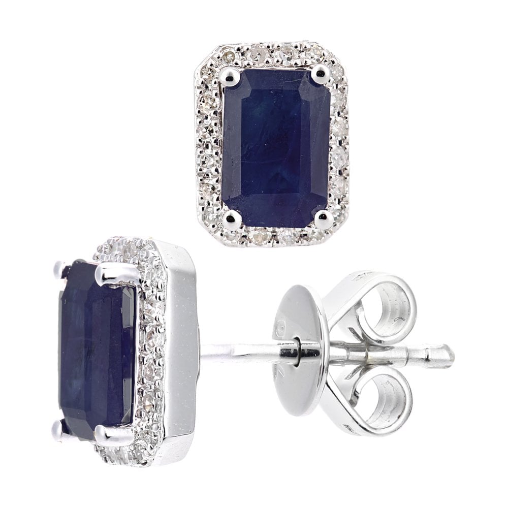 SPARKLD 18ct White Gold Octagon Sapphire Cluster 0.10ct Diamond Stud Earrings