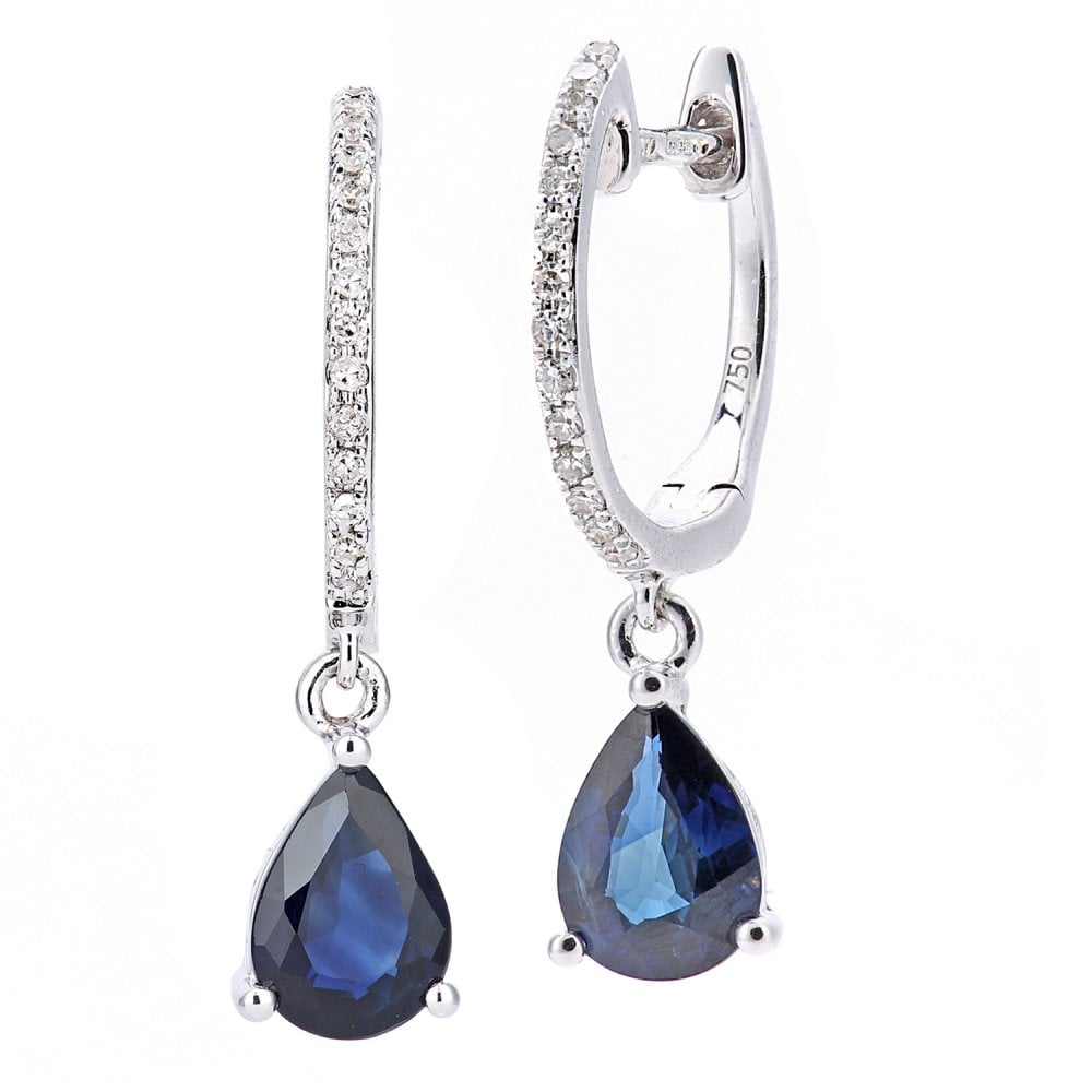 SPARKLD 18ct White Gold Pear Sapphire and 0.10ct Diamond Drop Earrings