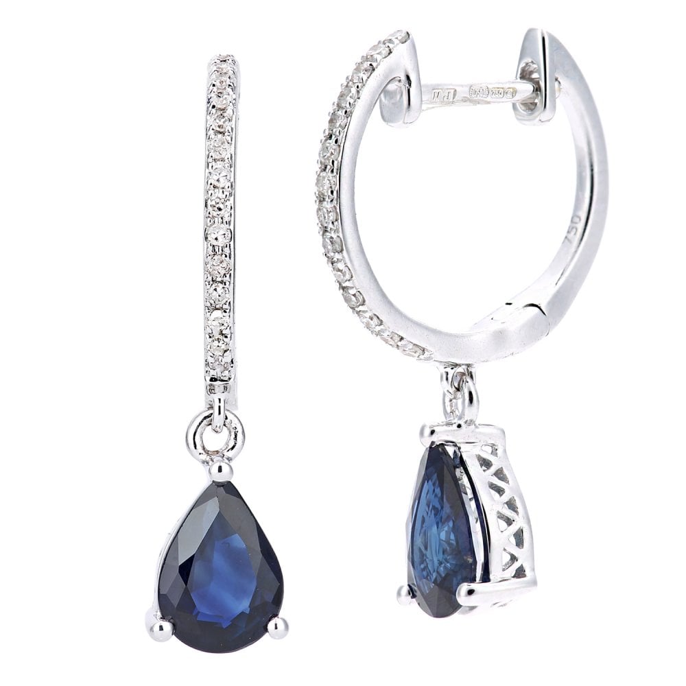 SPARKLD 18ct White Gold Pear Sapphire and 0.10ct Diamond Drop Earrings