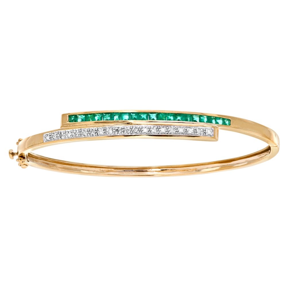 SPARKLD 9ct Yellow Gold Square Emerald and 0.10ct Diamond Crossover Bangle