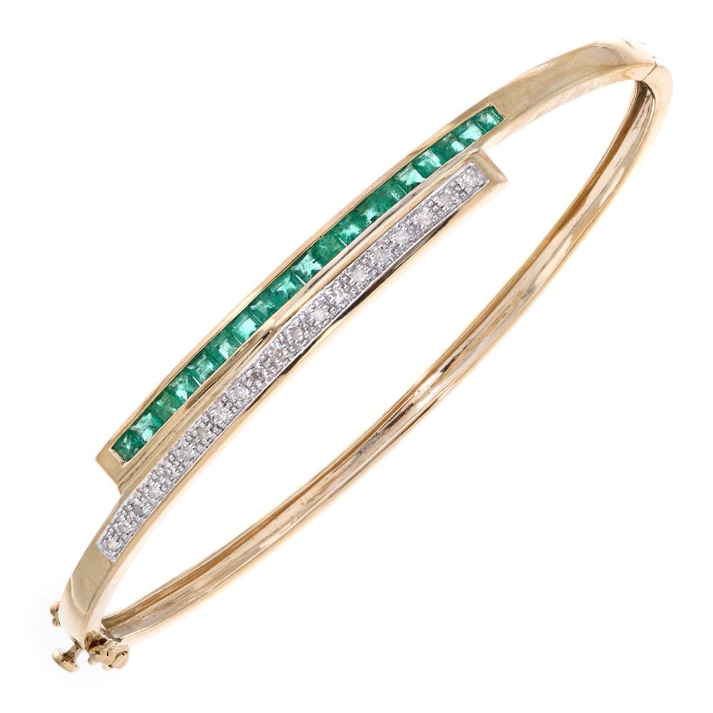 SPARKLD 9ct Yellow Gold Square Emerald and 0.10ct Diamond Crossover Bangle