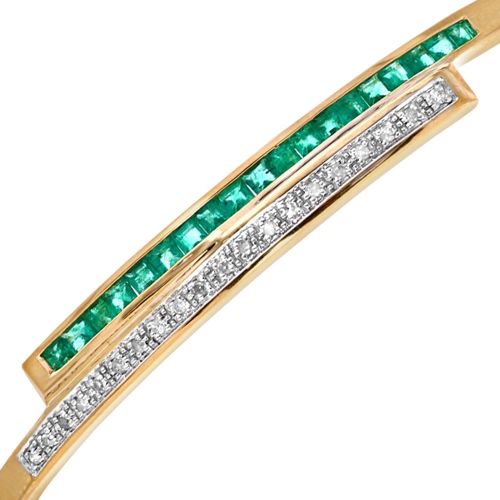 SPARKLD 9ct Yellow Gold Square Emerald and 0.10ct Diamond Crossover Bangle